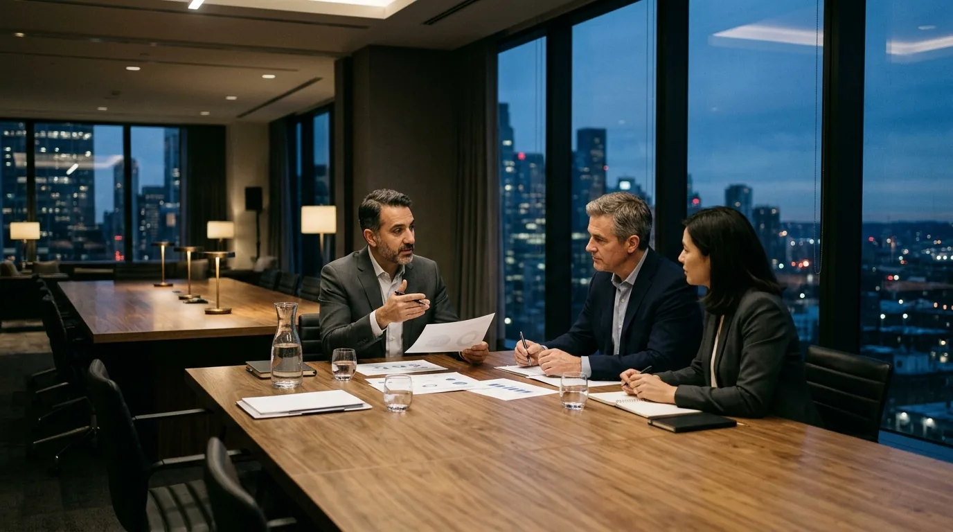 Advisor presenting to executives in a dusk boardroom