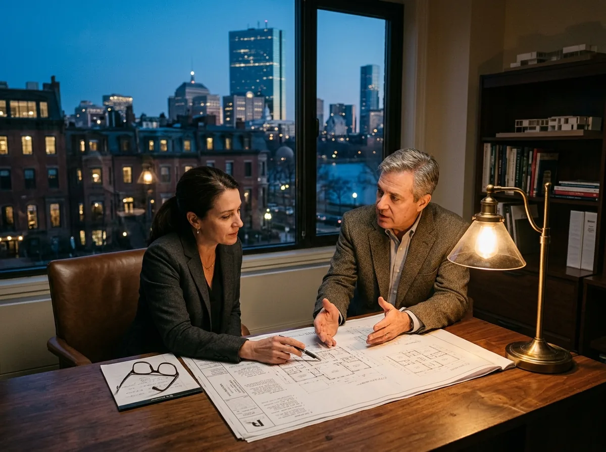 One-on-one advisory meeting over drawings in a refined office
