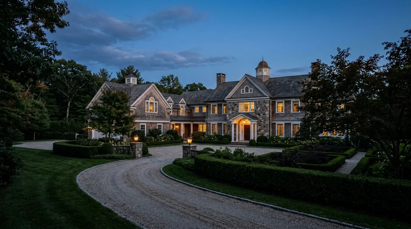 New England estate home at dusk with warm windows