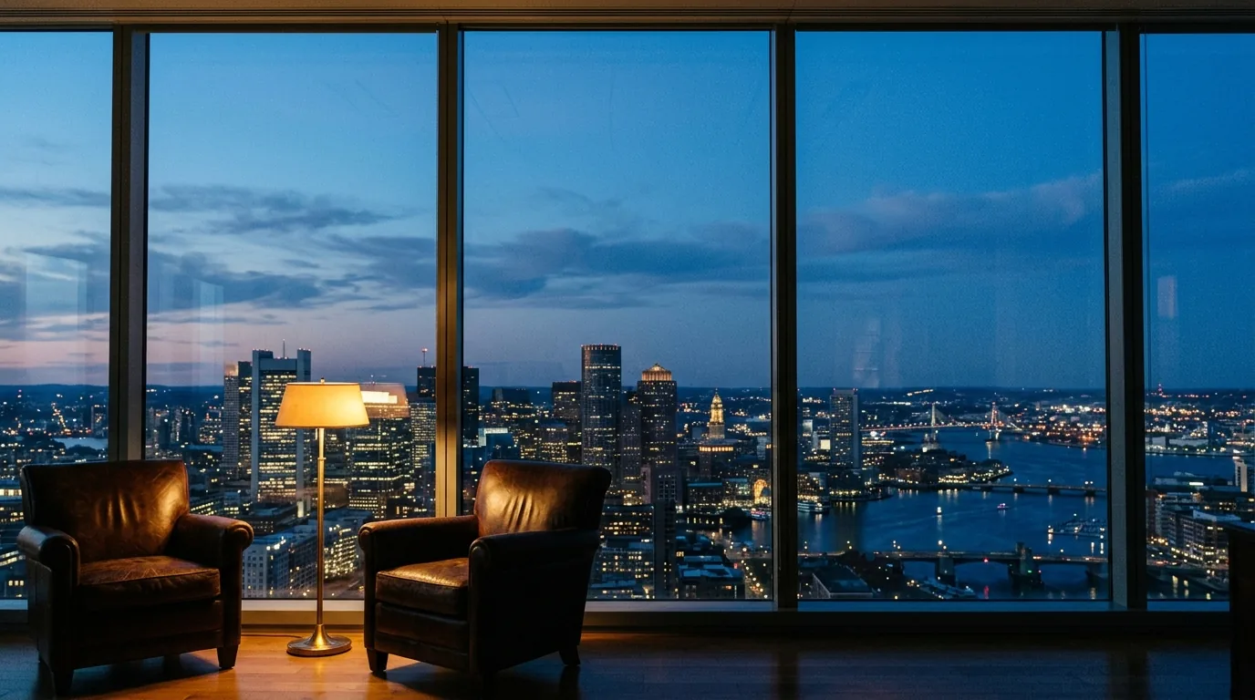 Boston skyline at blue hour from a high-floor office with leather chairs